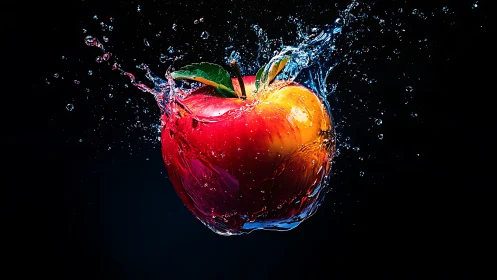 Juicy red apple splashing through crystal clear water.