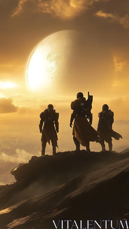 Armored figures stand on rocky cliff under massive planet