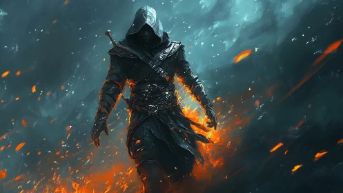 Hooded armored figure walking through fire and embers.