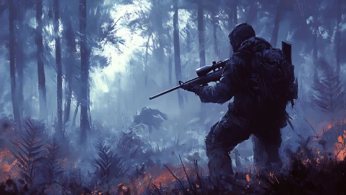 Lone sniper stalks misty forest under cold blue light