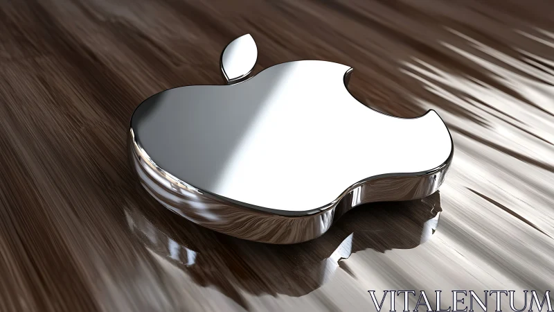 Chrome apple logo sculpture rests on reflective wood surface