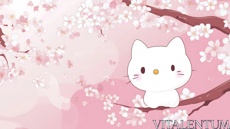 White cartoon cat sits on cherry blossom branch in spring