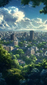 Urban skyline and dense greenery are shown under cumulus clouds