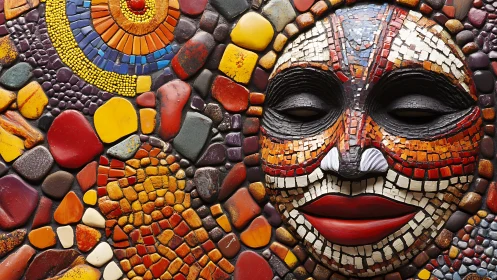 Mosaic portrait mask integrates tessellated stones and tiles