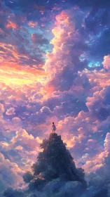Digital painting of lone figure on summit amid radiant clouds.