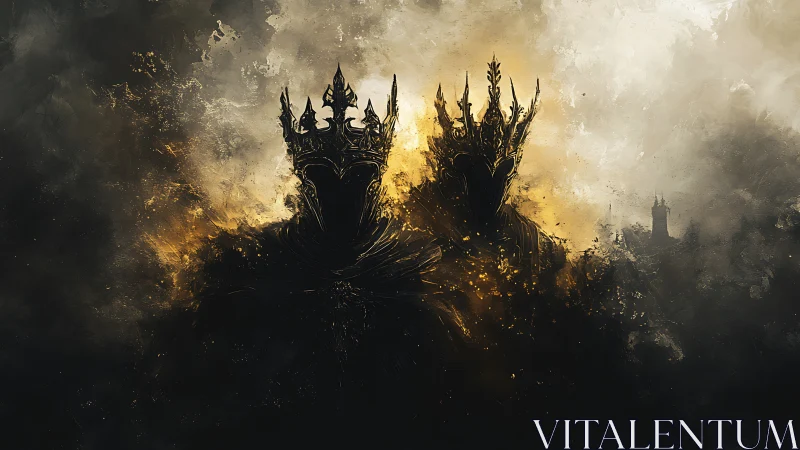 Shadow crowned monarchs in ember fog of a fading realm.
