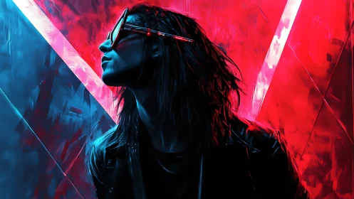 Neon rebel in split red blue glow, wired for midnight futures.