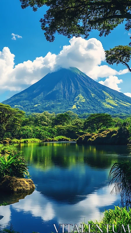 Volcanic cone rises above reflective lake and dense foliage