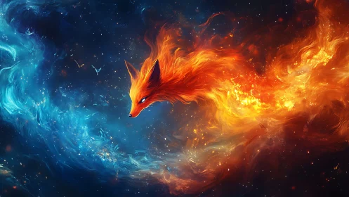 Celestial fire fox weaving through blue and amber nebulae.