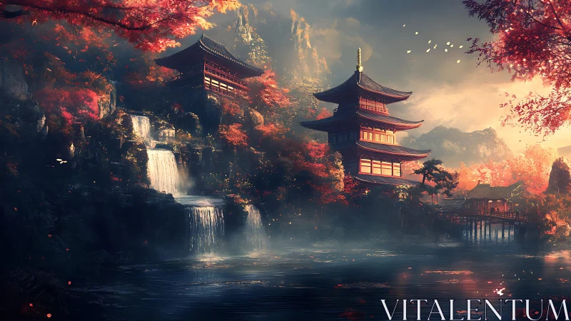 Tiered pagodas overlook waterfalls in a misted valley scene