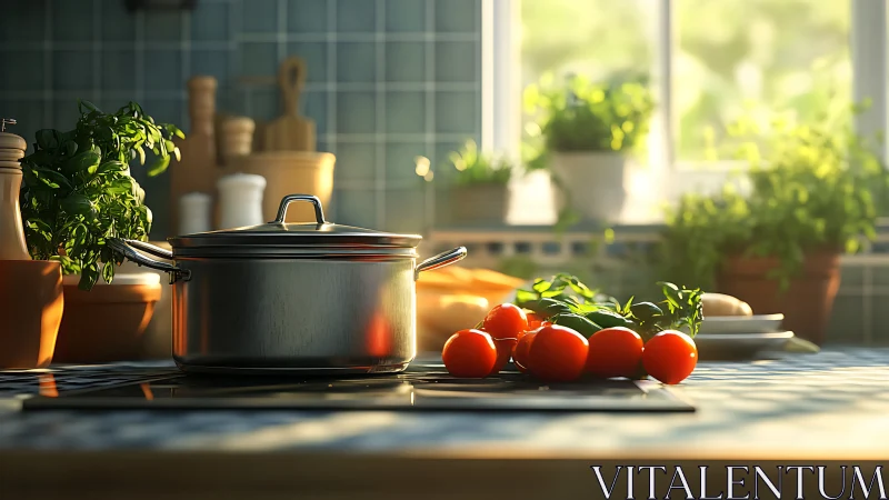 Sunlit stainless pot and tomatoes in tiled herb kitchen.