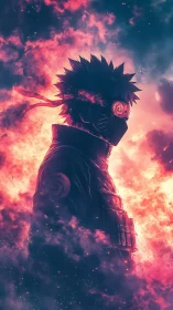 Blazing masked warrior stands calm within swirling neon fire