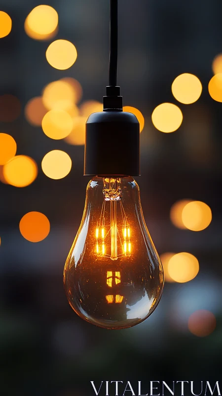Hanging filament light bulb with warm glowing bokeh background.
