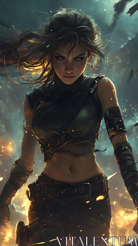 Fierce warrior woman walking through fire and smoke.