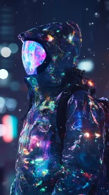 Neon-clad space wanderer stands in a dreamy cyberpunk rain