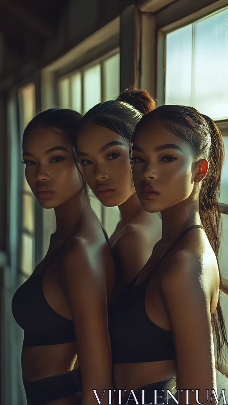 Sunlit trio carves mirrored silhouettes in warm windowlight