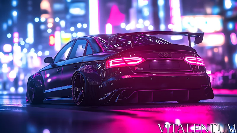 Neon-lit Audi RS3 dominates slick cyberpunk city street.