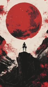 Samurai silhouette beneath colossal red sun, minimalist composition.