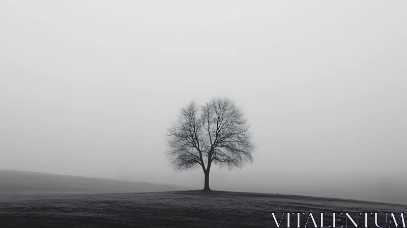 Solitary deciduous tree in fog on minimal monochrome hillside