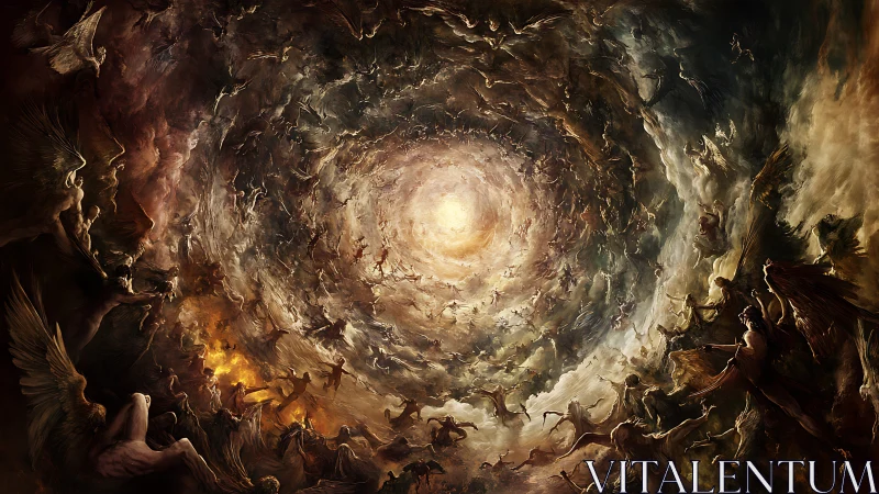 Spiraling vortex of winged figures converges toward radiant light