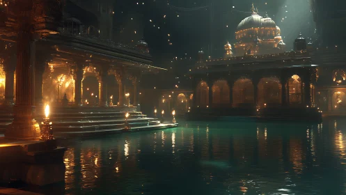 Golden temple courtyard by water under glowing lanterns