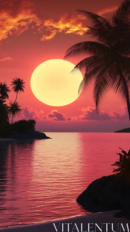 Radiant tropical sunset illuminates palm silhouettes in profile