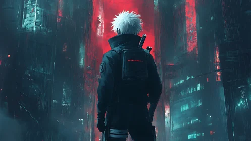 Cyberpunk swordsman in neon-drenched dystopian corridor.