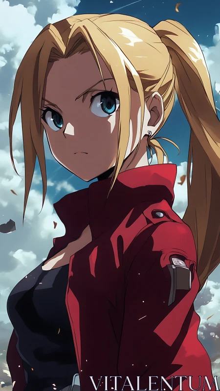 Blonde anime heroine in red tactical jacket under windy sky
