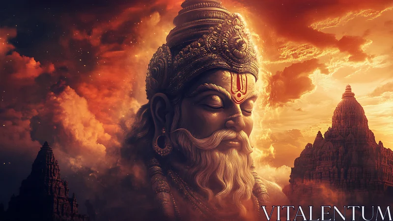 Monumental divine bust emerges amid temples and infernal sky