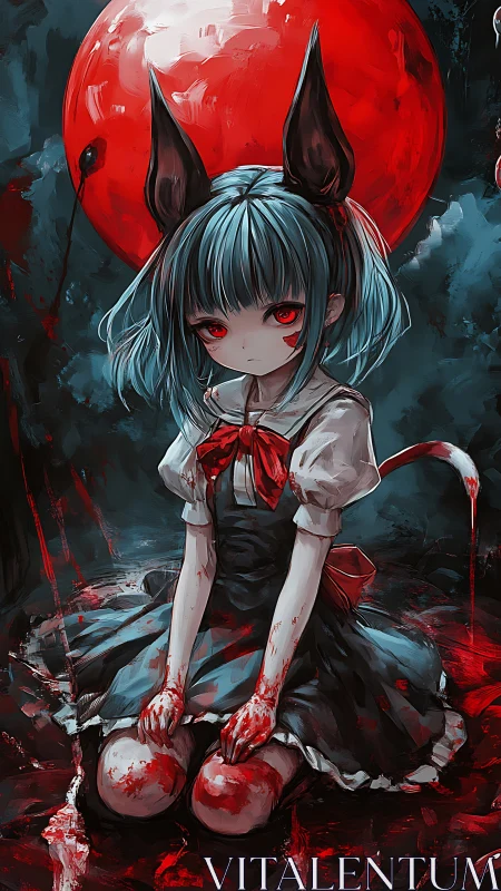 Blood-drenched anime girl under ominous red moon sits alone
