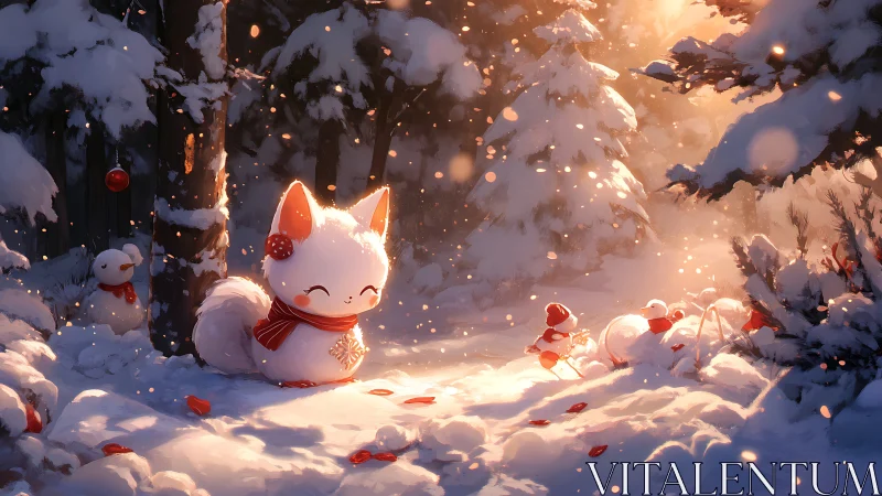 Snow-covered forest scene shows stylized fox-like character
