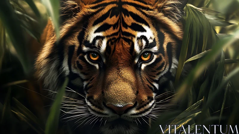 Tiger eyes burn through dense jungle shadows, poised hunting.