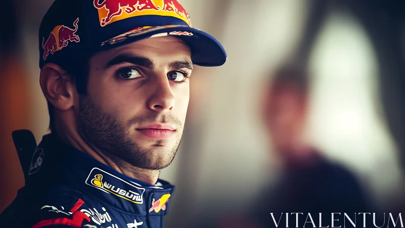 Focused racer studies the horizon beyond blurred paddock hum