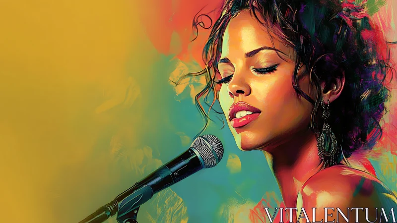 Singer holds microphone against vivid abstract background