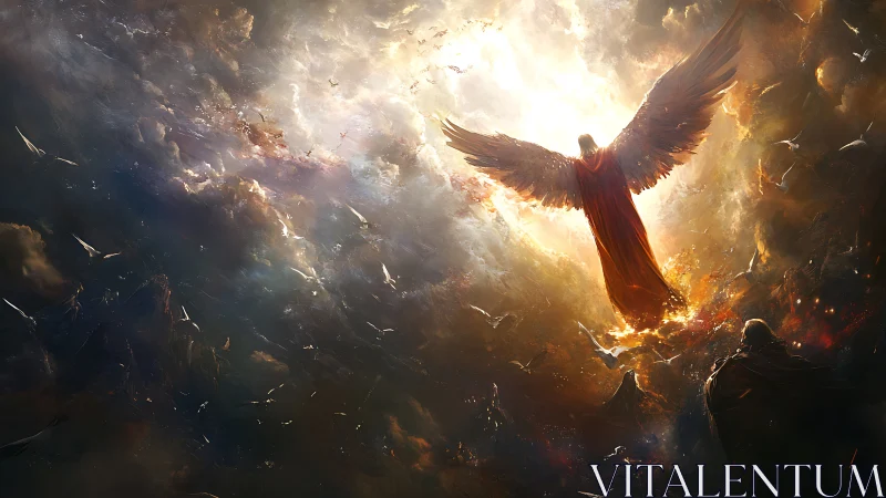 Winged figure ascends through luminous, storm-filled sky