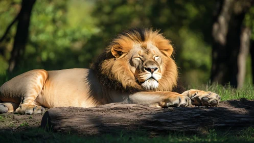 Sunlit lion king napping atop a woodland throne log.