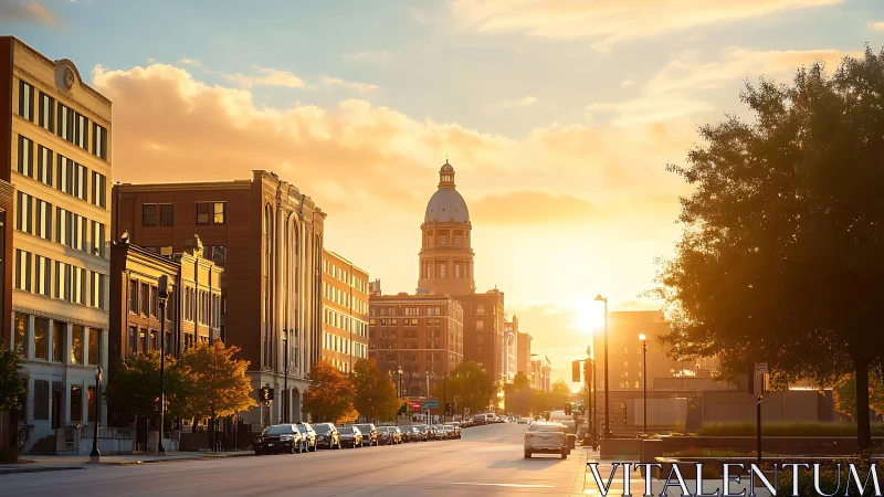 Sunlit neoclassical dome over linear downtown streetscape.