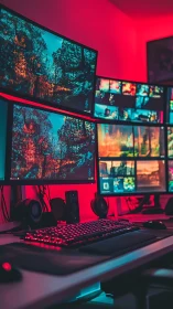 Neon command cockpit of screens, pixels, and late-night focus.