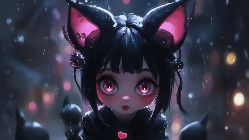 Big eyed anime cat girl in dark rainy night street scene.