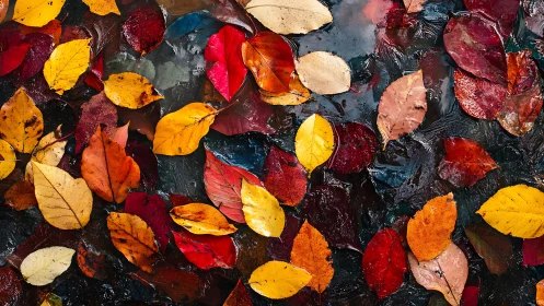 Multicolored autumn leaves on wet dark ground surface.