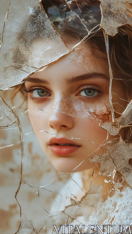 Shimmering portrait gazes gently through cracked fragile glass