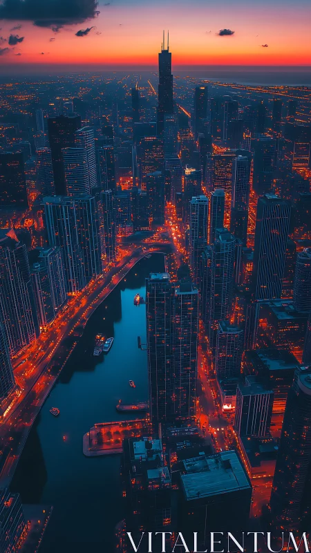 Sunset aerial view of illuminated modern riverfront city.