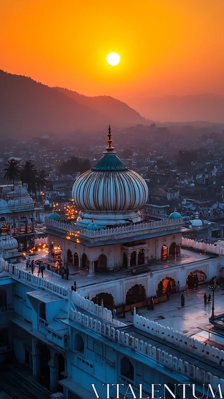 Sunset over domed Indian temple complex with glowing lanterns