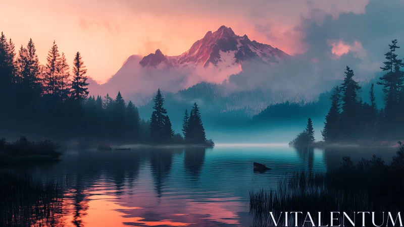 Mountain lake scene shows layered mist, forest, and reflections