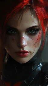 Scarred red haired warrior portrait in close digital focus.