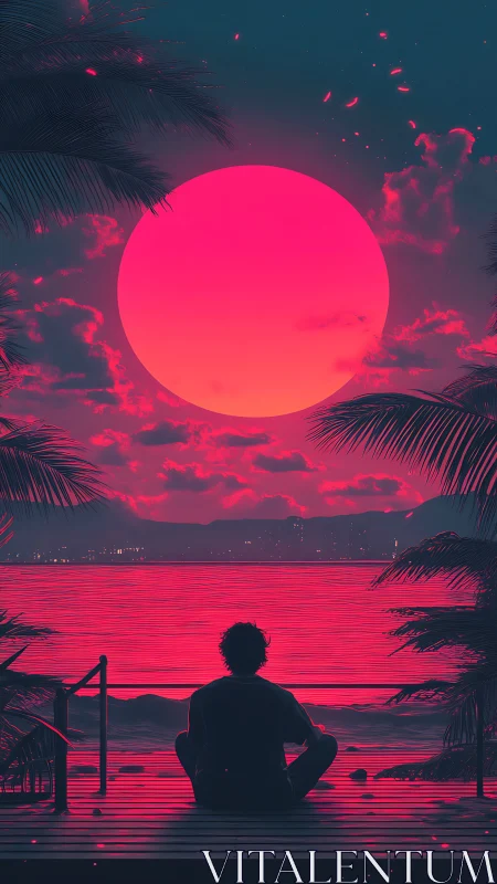 Neon-illuminated coastal horizon with meditative silhouette study.