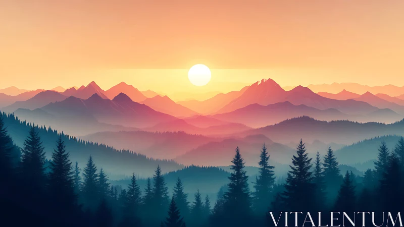 Sunrise draped over misty mountains and quiet pines.