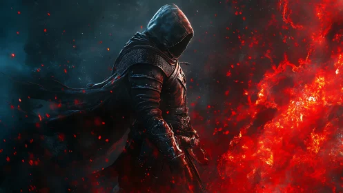 Hooded ember knight striding between frost and wildfire.