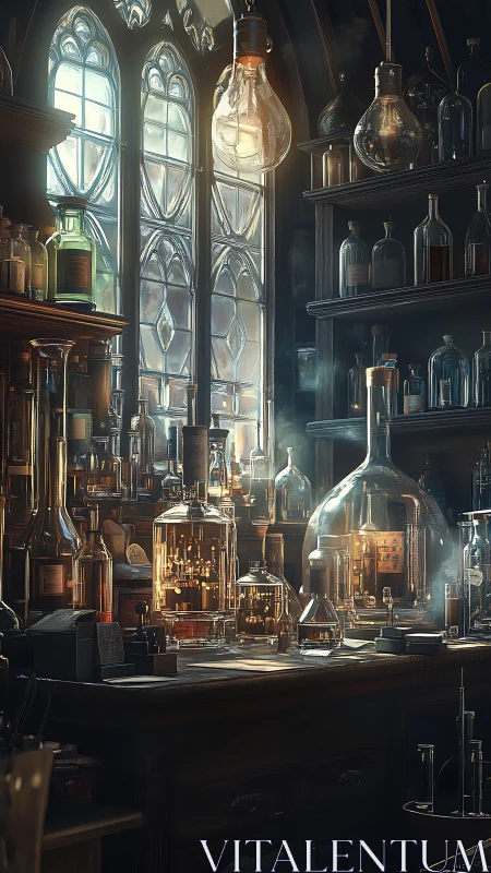Cozy alchemist’s workshop aglow with glass and mystery.