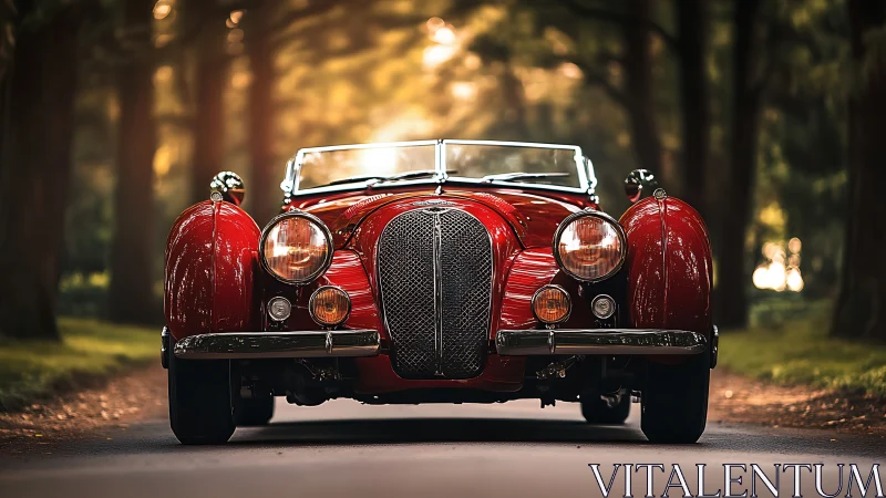 Sunlit red vintage roadster waits calmly on a forest lane